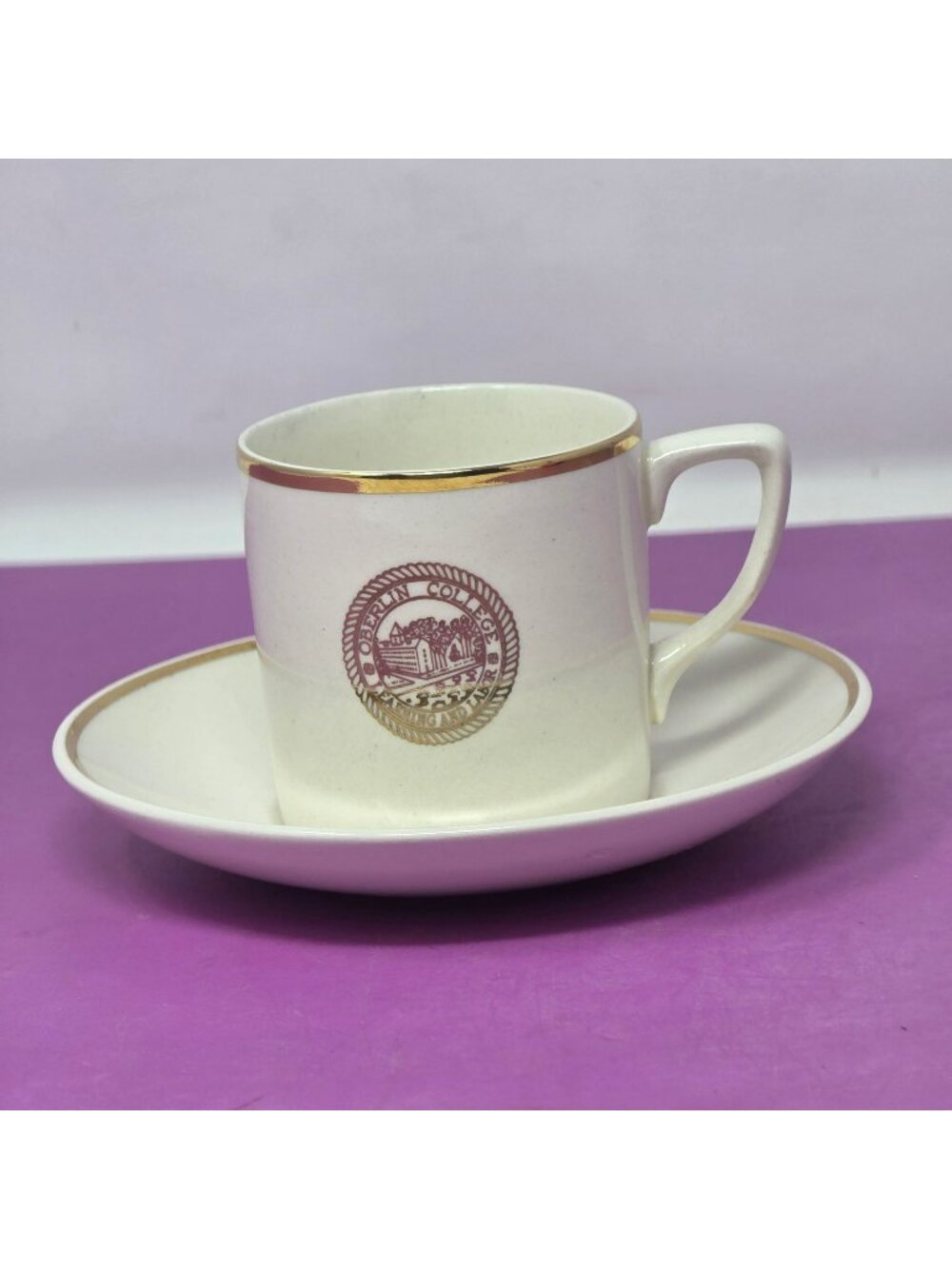 Vintage Oberlin College Gold Rim Ceramic Cup & Saucer Set
